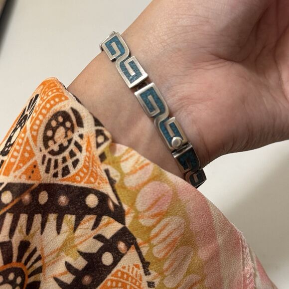 Vintage Taxco Mexico Turquoise Inlay Box Clasp Sterling Bracelet - Picture 3 of 5